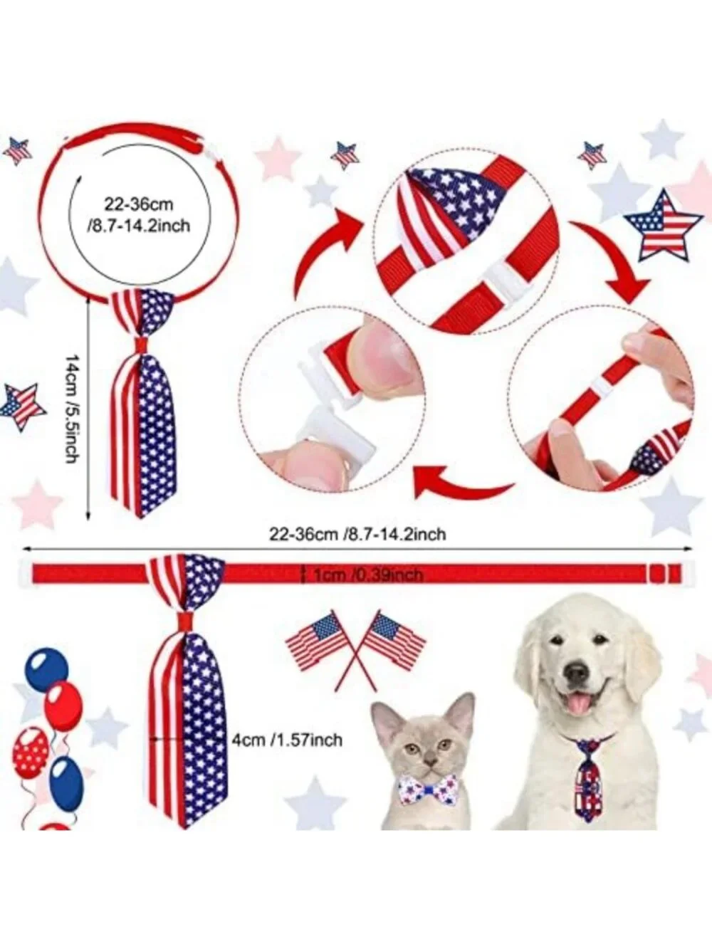 120 Pcs Patriotic Dog Bow Ties - 4th of July Red White Blue Adjustable Collars
